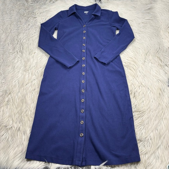 Lands' End Dresses & Skirts - Lands' End Women's S Blue Ribbed Knit LS Button Front Midi Dress Coastal Preppy